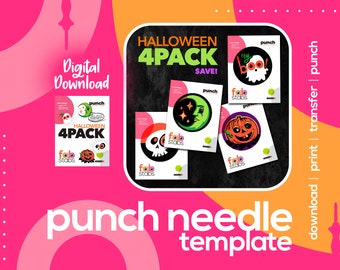 4 Pattern Collection, Retro Mid Century Modern Halloween Digital Pattern for Punch Needle, Printable Templates, PDF Download, Multiple Sizes