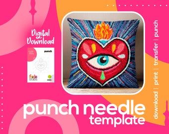 Sacred Heart Third Eye Modern Digital Pattern for Punch Needle, Printable Template, PDF Download