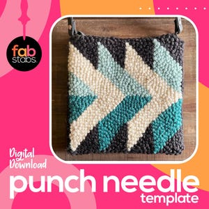 May include: A punch needle template for a geometric pattern with teal, white and black yarn. The template is a digital download and can be printed and transferred to fabric.