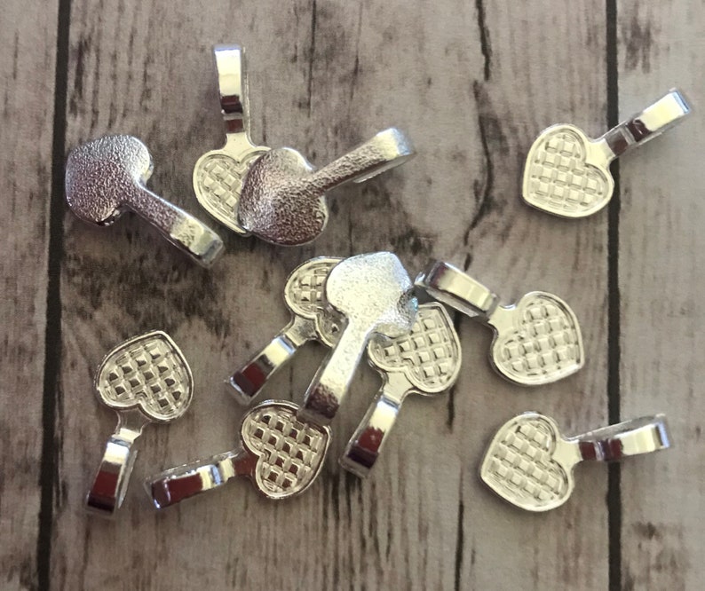 NEW Silver Plated Great for scrabble tile pendants Small Heart Jewelry Bails Set of 25 glass pendants and wood pendants