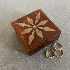 Brass Inlay Wood Jewelry Box Trinket Vintage Storage