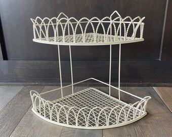 Ivory Wire Wall or Counter Corner Shelf Twisted Wire Bathroom, Kitchen, Fruit