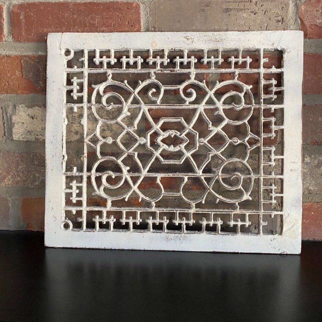 Antique Cast Iron Grate Floor Repurposed Salvage Ornate White Heat Vent ...