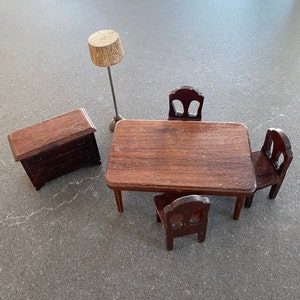 Strombecker Dollhouse Furniture Set Wood 1930 Miniature Table Chairs Sideboard