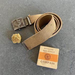 Boy Scout Belt with Buckle, Scarf Braid and Compass Box 1930 Vintage Antique Collectible Memorabilia