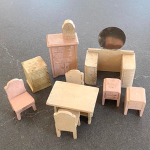Strombecker Dollhouse Furniture Set Wood 1930 Miniature Bedroom Table Chairs