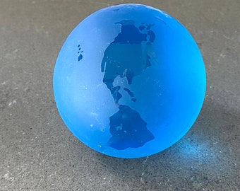 Etched Globe World Blue Paperweight Handblown Vintage Art Handmade