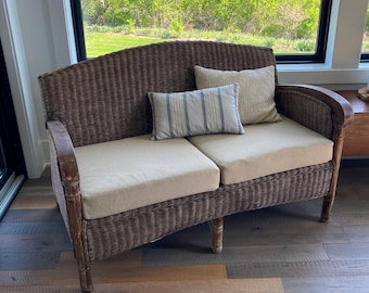Wicker Loveseat Settee Vintage with Sunbrella Cushions Wood Frame