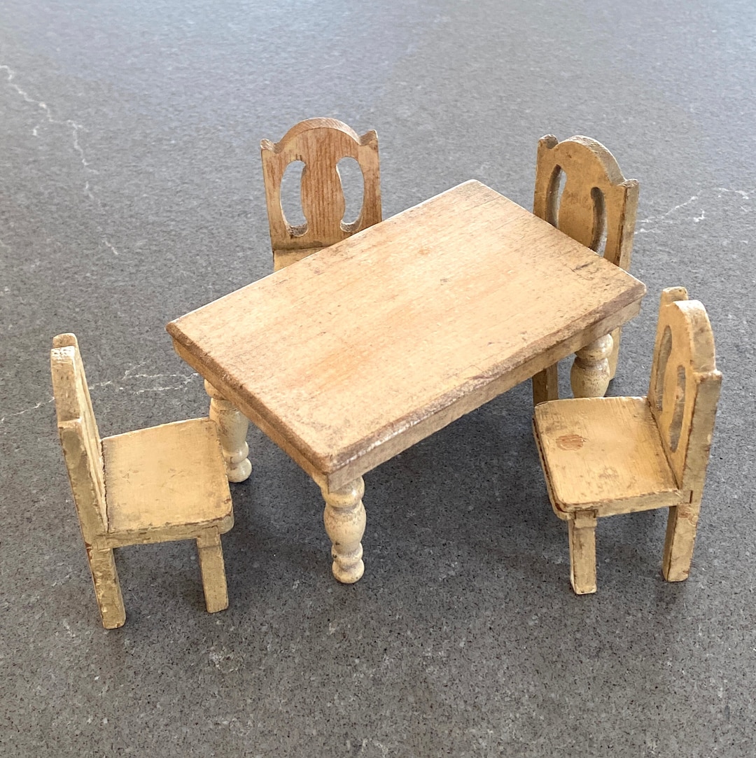 Strombecker Dollhouse Table and Chairs Set Wood 1930 Miniature Kitchen ...