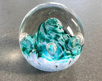 Paperweight Handblown Scotland Moonflower Vintage Art Glass Teal Blue Swirl Handmade Signed