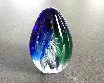 Blue and Green Glass Paperweight Art Sculpture Swirl Teardrop