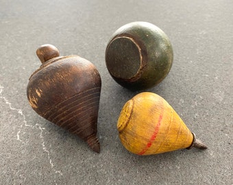 Spinning Top Antique Set of 3 Toys Turned Wood Vintage Duncan