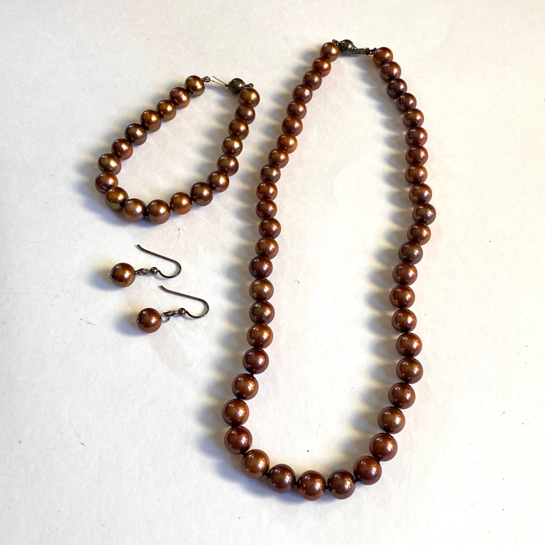 Vintage Pearl Freshwater Chocolate Brown Jewelry Set Necklace Bracelet and Earrings Etsy