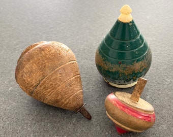 Spinning Top Antique Set of 3 Toys Turned Wood Vintage Duncan