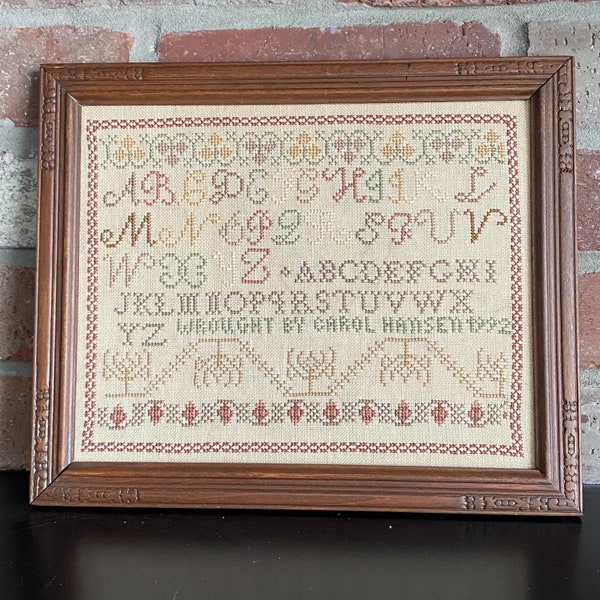 Linen Cross Stitch Sampler Framed Vintage Early American Design Handmade