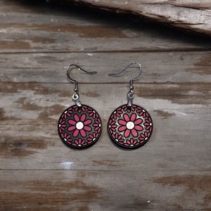 Wood Engraved Flower Earring Set