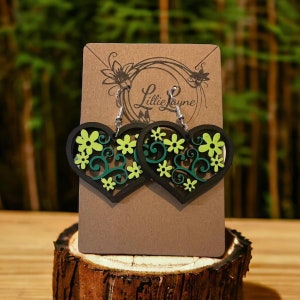 Wood Engraved Heart full of Flowers Earring Set
