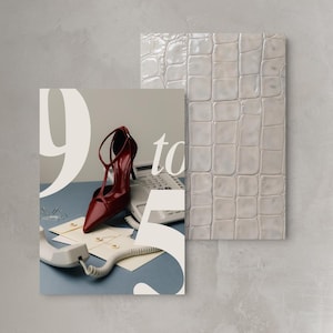 May include: A glossy dark red t-strap high heel shoe placed on a blue desk next to a white landline telephone and envelopes. Large white text reading 9 to 5 is overlaid on the image. Beside it is a rectangular panel with a white crocodile skin texture.