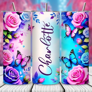 Tumbler Wrap a farfalla PNG Aggiungi il tuo nome Blu, viola e rosa 20 oz Slim 9,2 x 8,3" Design del bicchiere Sublimazione senza soluzione di continuità Download digitale