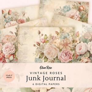 Carte digitali vintage Rose Junk Journal, pagine floreali rosa, artigianato con carta Ephemera stampabile, collezione, sfondo Shabby Chic, JJ003