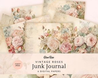 Papeles digitales Vintage Rose Junk Journal, Páginas florales rosas, Arte de papel efímero imprimible, Colección, Fondo Shabby Chic, JJ003