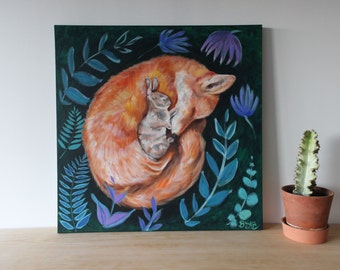 Original Painting of Sleeping Fox and Bunny