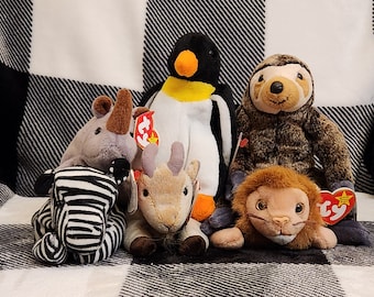 Wild Animal Beanie Babies Roary Tiger Goatee Goat Waddle Penguin Spike  Rhinoceros Ziggy Zebra Slowpoke Sloth Great Gift Stocking Stuffers
