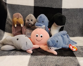 Beanie Baby Sea Life Waves the Killer Whale Manny the Manatee Echo the Dolphin Inky Jolly the Walrus Slippery the Seal and Crunch the Shark