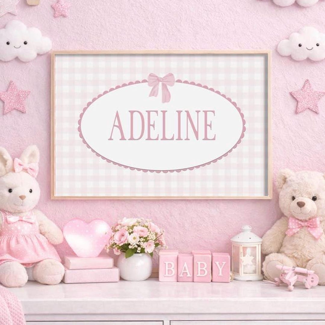 Personalized Baby Nursery Print, Custom Name Sign, Pink Plaid Girl Wall ...