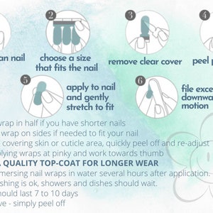 May include: Illustrated guide with six steps for applying nail wraps. Steps include prepping nails, choosing a size, removing the clear cover, peeling the polish strip, applying to the nail, and filing excess. Tips for application are also included.