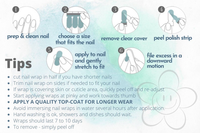 May include: Illustrated guide with six steps for applying nail wraps. Steps include prepping nails, choosing a size, removing the clear cover, peeling the polish strip, applying to the nail, and filing excess. Tips for application are also included.