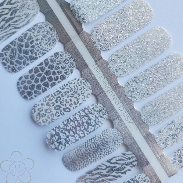 Enveloppements d’ongles Safari en argent, bandes d’ongles, autocollants d’ongles, nail art