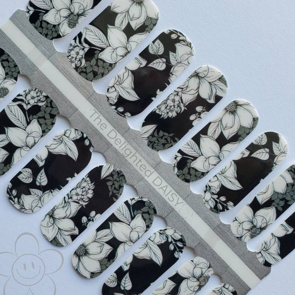 Protège-ongles noirs élégants avec fleurs blanches, bandes pour les ongles, autocollants pour ongles, décorations d'ongles