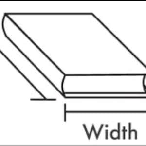 Op de afbeelding: Een zwart-witte lijntekening van een rechthoekig object. Het diagram bevat labels voor Length, Width en Height, met pijlen die de specifieke afmetingen aangeven die worden gemeten voor de totale grootte en dikte van het object.