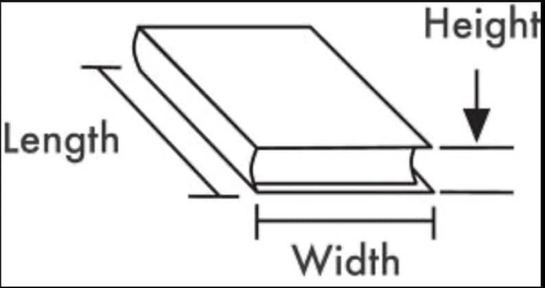 Op de afbeelding: Een zwart-witte lijntekening van een rechthoekig object. Het diagram bevat labels voor Length, Width en Height, met pijlen die de specifieke afmetingen aangeven die worden gemeten voor de totale grootte en dikte van het object.