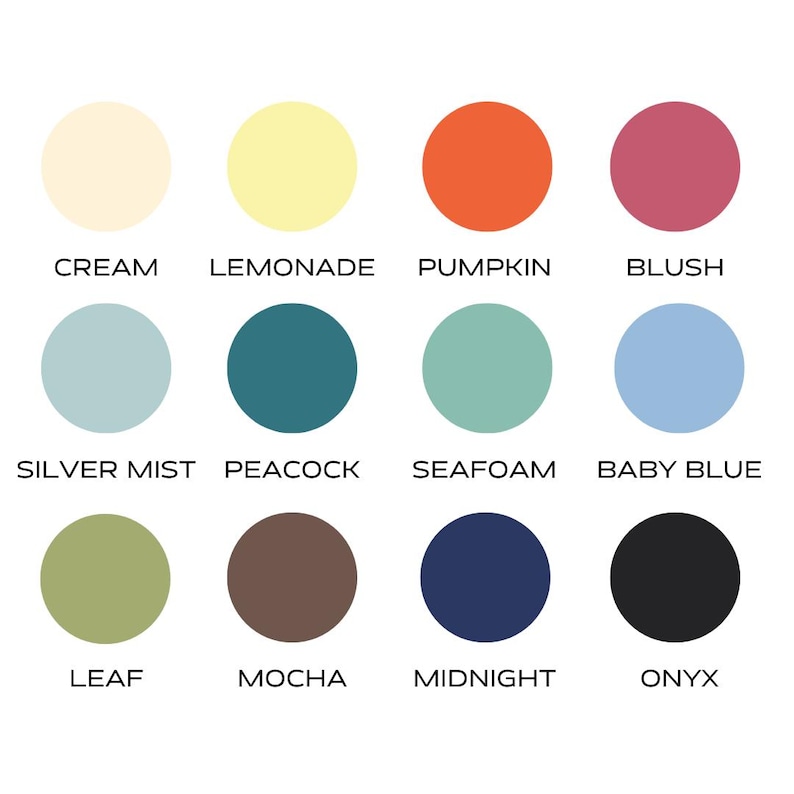 Op de afbeelding: Een kleurenkaart met twaalf effen cirkels gerangschikt in drie rijen van vier. De kleuren zijn gelabeld met Cream, Lemonade, Pumpkin, Blush, Silver Mist, Peacock, Seafoam, Baby Blue, Leaf, Mocha, Midnight en Onyx in zwarte schreefloze tekst.