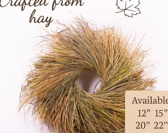 Wild Hay Wreath | Rustic Natural Grass Door Wreath | Farmhouse | Handmade DIY Craft Base | Country Style Front Door Decor | 12" to 24" Sizes