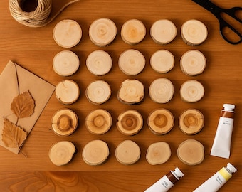 30 pieces Natural Wood Slices Set | Rustic Tree Bark Rounds | Assorted Wooden Discs for Crafts, Coasters, Wedding Decor, Ornaments