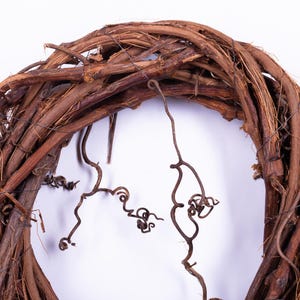 May include: A rustic, circular wreath crafted from intertwined brown vines and twigs. The wreath features a natural, organic texture with intricate details and delicate, curling tendrils, perfect for seasonal home decor.