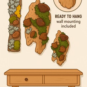 May include: Three wooden wall decor pieces with different shapes and sizes, featuring a variety of moss and lichen. The pieces are ready to hang with wall mounting included. The decor is displayed on a light brown wooden table with two drawers.