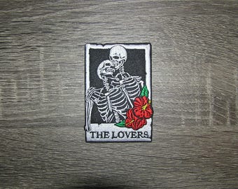The Lovers Tarot Card Goth Death Skeletons Black/White Embroidered Iron On Patch 2.25" x 3.5"
