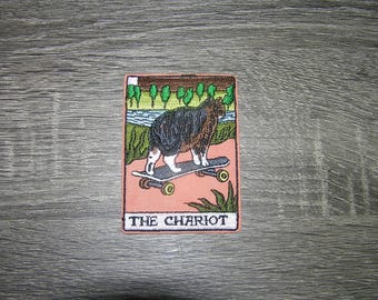 The Chariot Tarot Card Cat Skateboard Cat Embroidered Iron On Patch 2.5" x 3.5"
