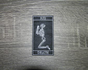 Death Tarot Card Goth Skeleton Praying Embroidered Iron On Patch 1.75" x 3.5"