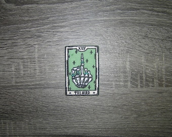 The Bird Skeleton Middle Finger Tarot Card Embroidered Iron On Patch 2" x 3"