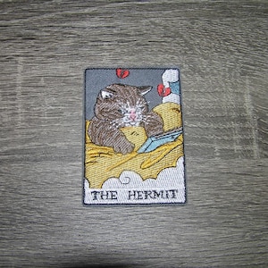 The Hermit Tarot Card Goth Punk Brown Cat Embroidered Iron On Patch 2.5&quot; x 3.5&quot;