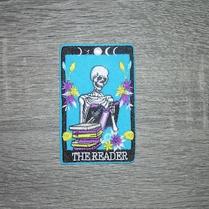 The Reader Tarot Card Skeleton Books Embroidered Iron On Patch 2.25&quot; x 3.5&quot;
