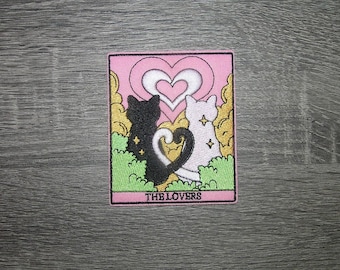 The Lovers Tarot Card Two Cats Pink Embroidered Iron On Patch 3" x 3.5"