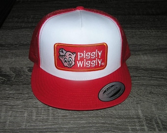 Piggly Wiggly Patch on Trucker Hat Yupoong/YP Classic 6006 Snapback White/Red