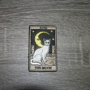 The Moon Tarot Card Goth Punk White Cat Embroidered Iron On Patch 2&quot; x 3.5&quot;