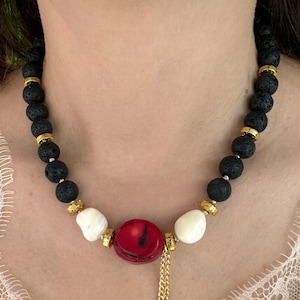 Lava Stone Necklace, Coral Stone Choker, Lava Rock Jewelry, Volcanic Bead Necklace, Round Beaded Necklace, Women Gift Ideas, Valentine&#39;s Day